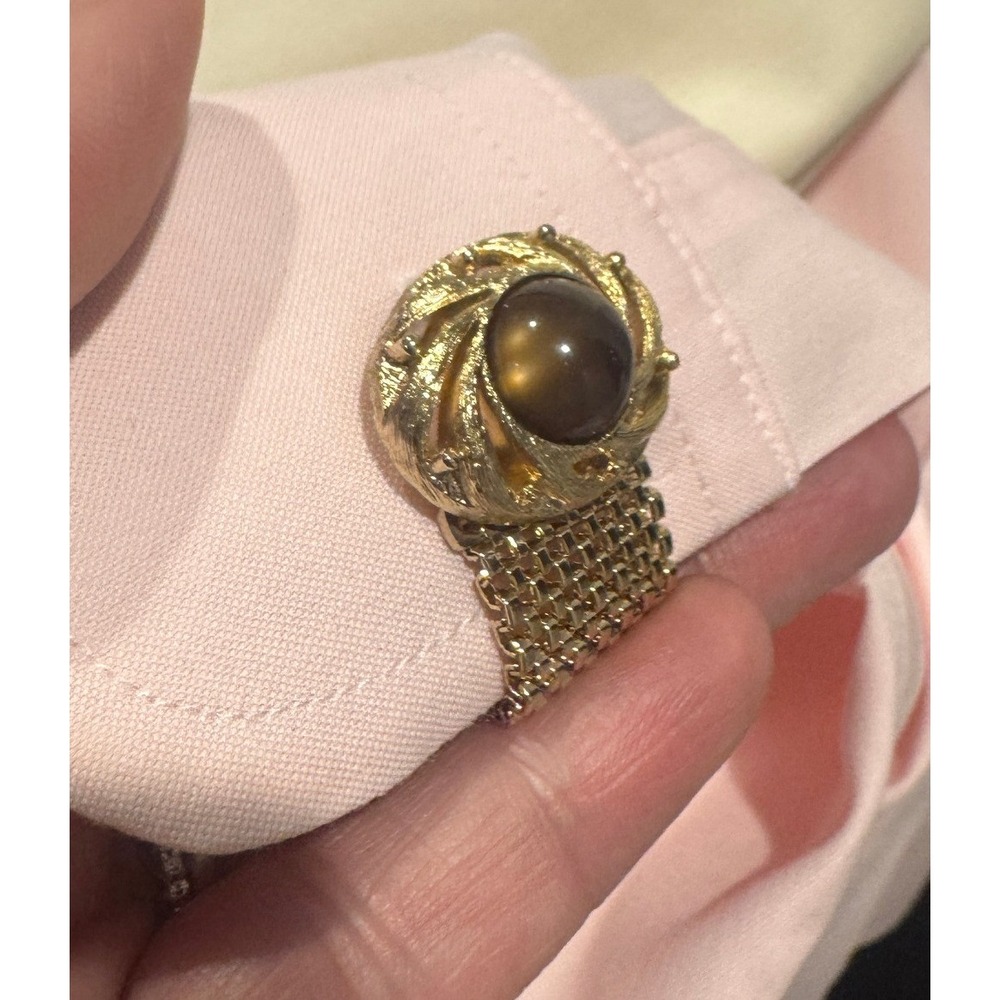 Vintage Swank Gold Tone Mesh Wrap Cufflinks Brown Tigers Eye Cabochon MCM